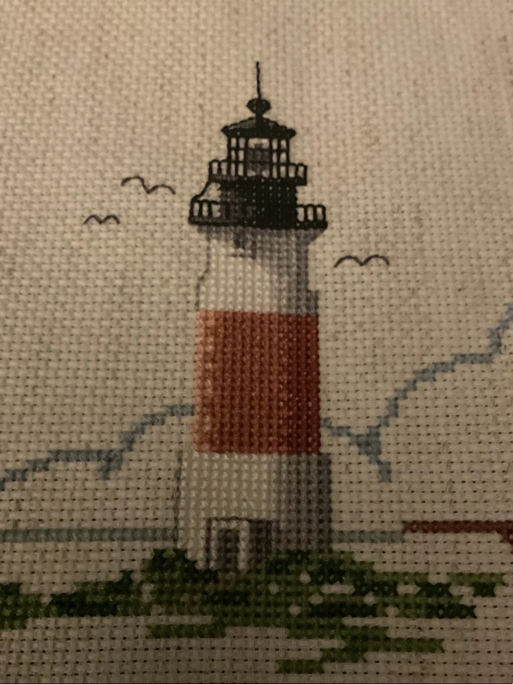 Handcrafted Lighthouse Cross-Stitch Wall Art - Red, White, Green